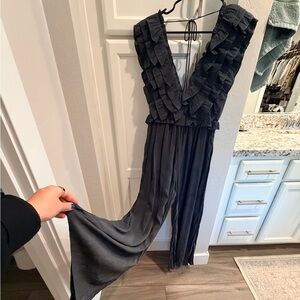 Storia Black Ruffled Backless Jumpsuit